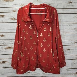 Onque Woman Zippered Jacket Red With Gold Anchors Size 3X